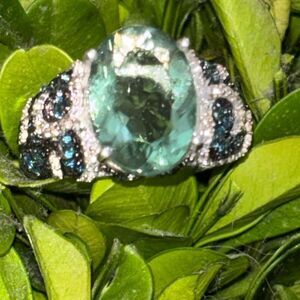 Vintage style Blue Topaz 925 silver ring Sz 9 CZ swirl 12.9x9.9mm, 6.67g waves